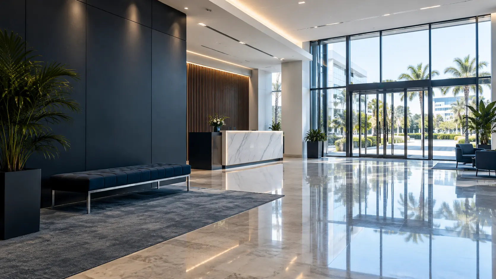 Freshly cleaned modern South Florida office lobby